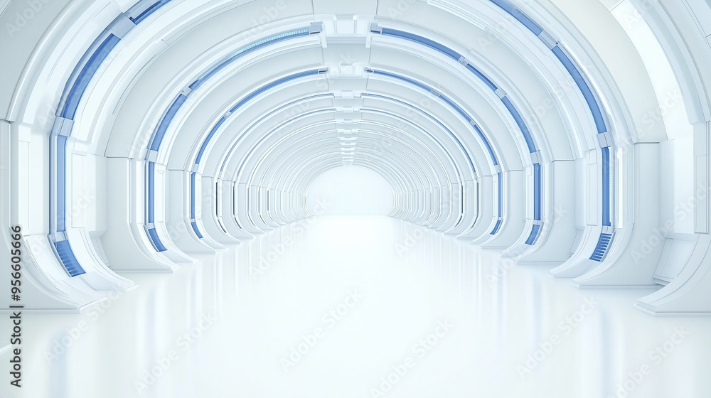 Poster empty long light corridor. modern white background. futuristic sci-fi triangle tunnel. 3d rendering