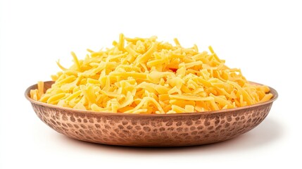 Fototapeta premium Side view of a copper plate filled with freshly grated cheddar cheese, set against a clean white background, with a focus on the fluffy cheese texture