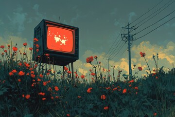 Retro Television in a Field of Red Flowers Under a Cloudy Sky
