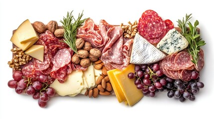 Top-down view of a cheese and charcuterie board with assorted cheese wedges, meats, bunches of grapes, and a scattering of nuts, perfectly arranged over a white backdrop