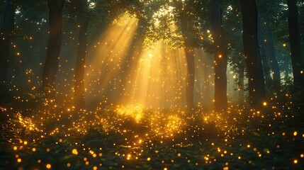 ethereal forest scene bioluminescent flora and fauna misty atmosphere magical light particles enchanted woodland fantasy