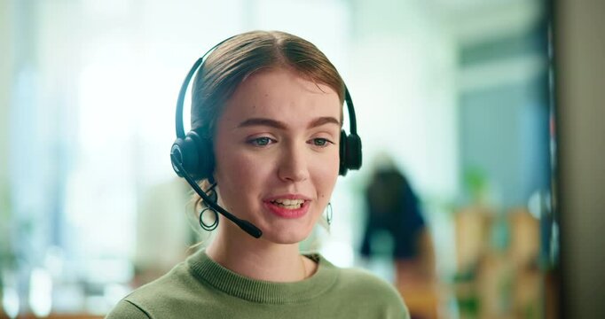 Woman, call center and advice for telemarketing in office with headphone, help or question for tech support. Person, agent and consulting with smile, idea or crm with solution at customer care job