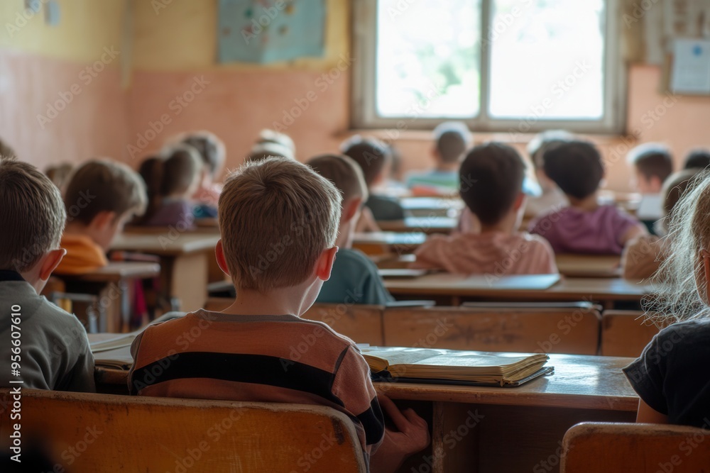 Aufkleber Students sit closely together in a crowded classroom filled with outdated educational materials, highlighting resource shortages. Generative AI