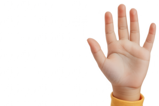 Child's Hand Raised in Greeting on Transparent Background for Educational and Social Campaigns