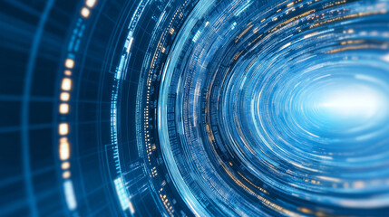 Futuristic blue circular portal in high-tech room for sci-fi banner