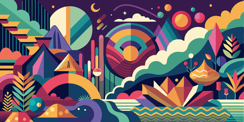 Abstract Geometric Landscape with Vibrant Colors and Celestial Elements