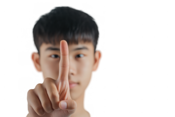 Young Asian Man Holding Finger Up Gesture on Transparent Background - Selection Attention Focus Concept - Technology Education Business Use