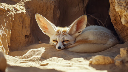 Fototapeta premium A captivating image of a fennec fox resting in its sandy enclosure, with its large ears and bright eyes capturing the viewers attention.
