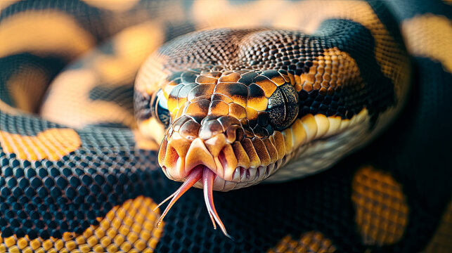 A close-up of a ball pythons head peeking out from its coiled body, with its tongue flicking out and intricate patterns on display