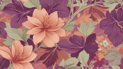 seamless floral pattern with exotic flowers and vine leaves, full color.