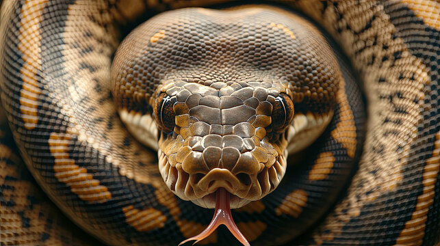A close-up of a ball pythons head peeking out from its coiled body, with its tongue flicking out and intricate patterns on display