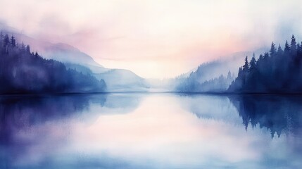 Obraz premium Watercolor Painting of a Misty Lake and Mountain Range at Sunset