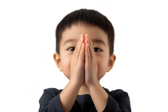 Young Asian Boy Praying with Hands Together on Transparent Background for Religious and Educational Use - Powered by Adobe