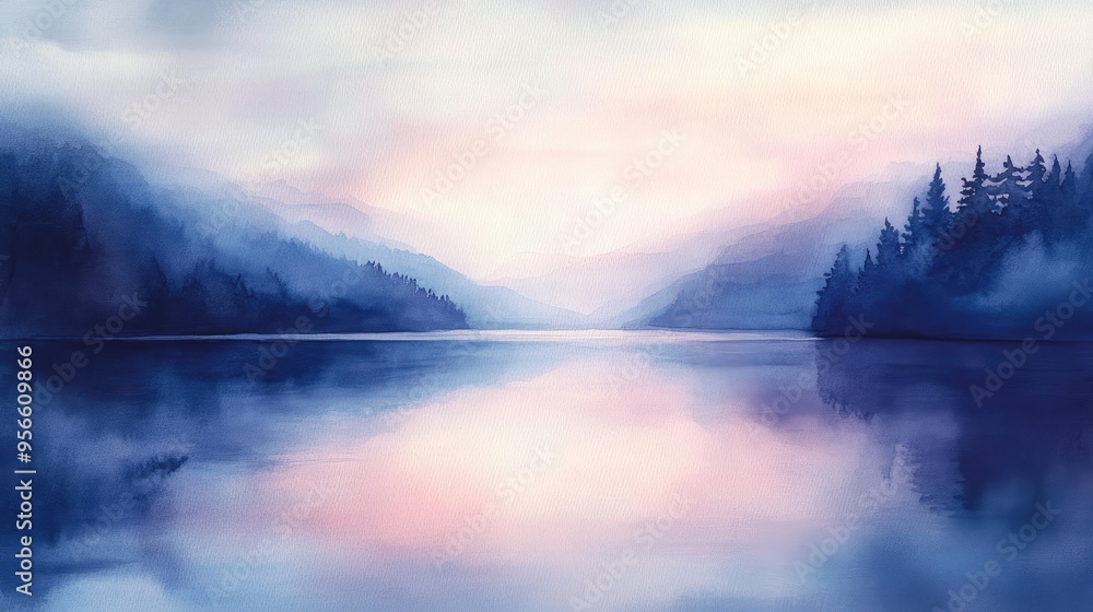 Canvas Prints Watercolor Painting of a Serene Lake and Mountain Landscape at Sunset