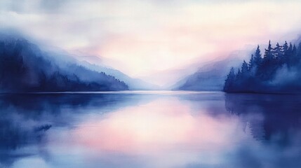 Fototapeta premium Watercolor Painting of a Serene Lake and Mountain Landscape at Sunset