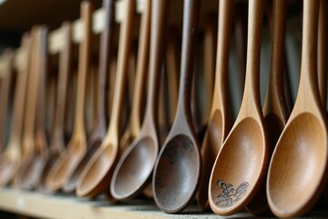 Row of wooden spoons arranged neatly on a shelf
