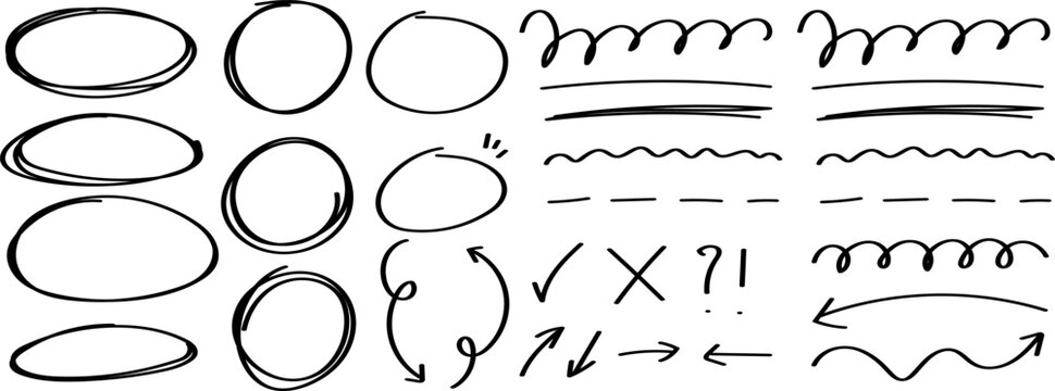 Marker lines isolated on transparent background. Set of different doodle, underline, arrows. Hand drawn marker stripes. Scrawl texture underline effect. Vector EPS 10