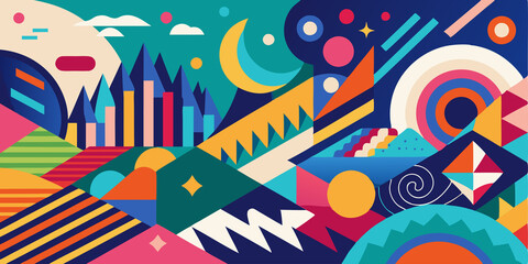 Fototapeta premium Abstract Geometric Landscape with Colorful Shapes and Patterns