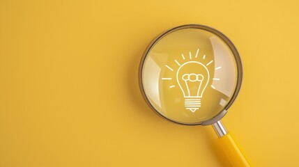 A magnifying glass focuses on an illuminated light bulb, symbolizing creativity and innovation against a bright yellow background.