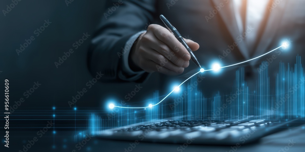 Poster a professional analyzing data trends with a digital pen, showcasing growth on a smart device in a mo