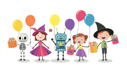 Fototapeta premium A halloween illustration showing a group of kids in costumes, including a robot, a witch, and a skeleton, all holding balloons and candy bags. The children are excited and ready for the party, with