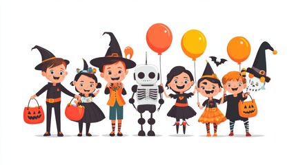A Halloween illustration showing a group of kids in costumes, including a robot, a witch, and a skeleton, all holding balloons and candy bags. The children are excited and ready for the party, with
