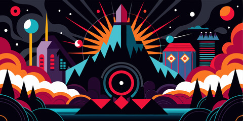 Abstract Geometric Mountain Landscape with Stars