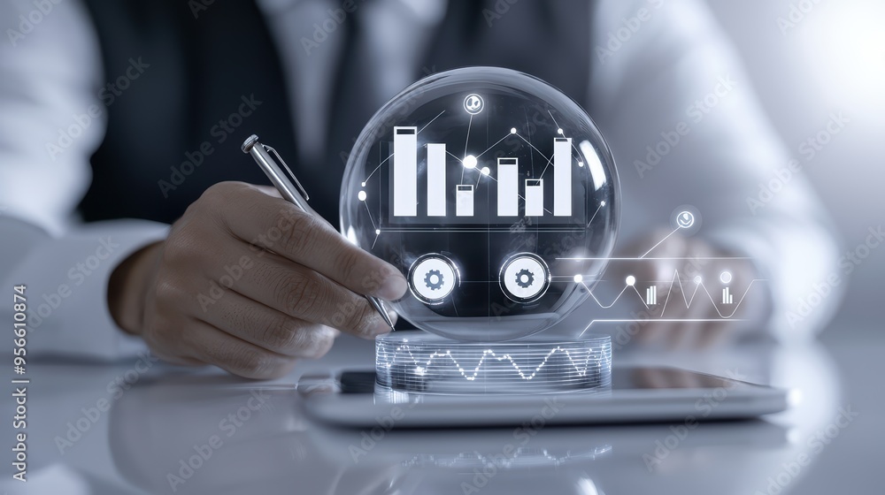 Poster businessman analyzing data with futuristic graphs inside a crystal ball, showcasing modern analytics