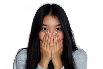 Astonished Young Asian Woman with Hands Covering Mouth on Transparent Background