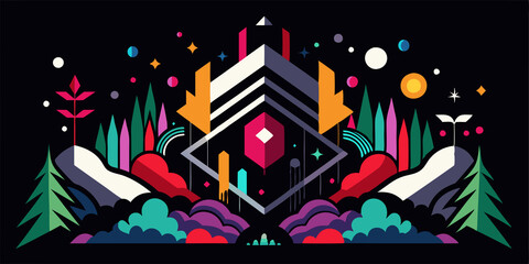 Abstract geometric landscape with colorful shapes and elements