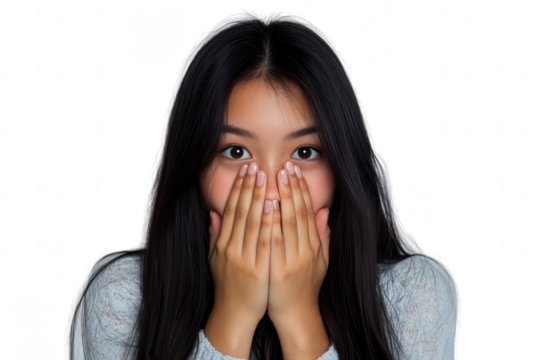 Astonished Young Asian Woman with Hands Covering Mouth on Transparent Background
