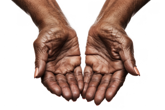 Elderly African American Hands in Gesture of Giving on Transparent Background - Charity & Healthcare Offering Receiving Concept - Powered by Adobe