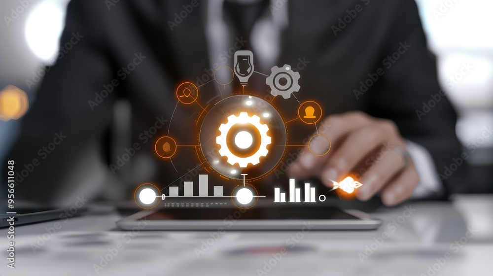 Poster professional analyzing data with digital interface and graphs, showcasing technology and business gr