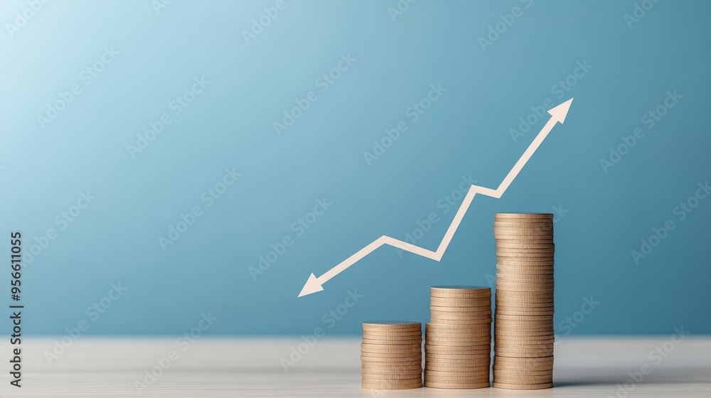Poster stack of coins with an upward trend graph symbolizing financial growth and investment success in a m