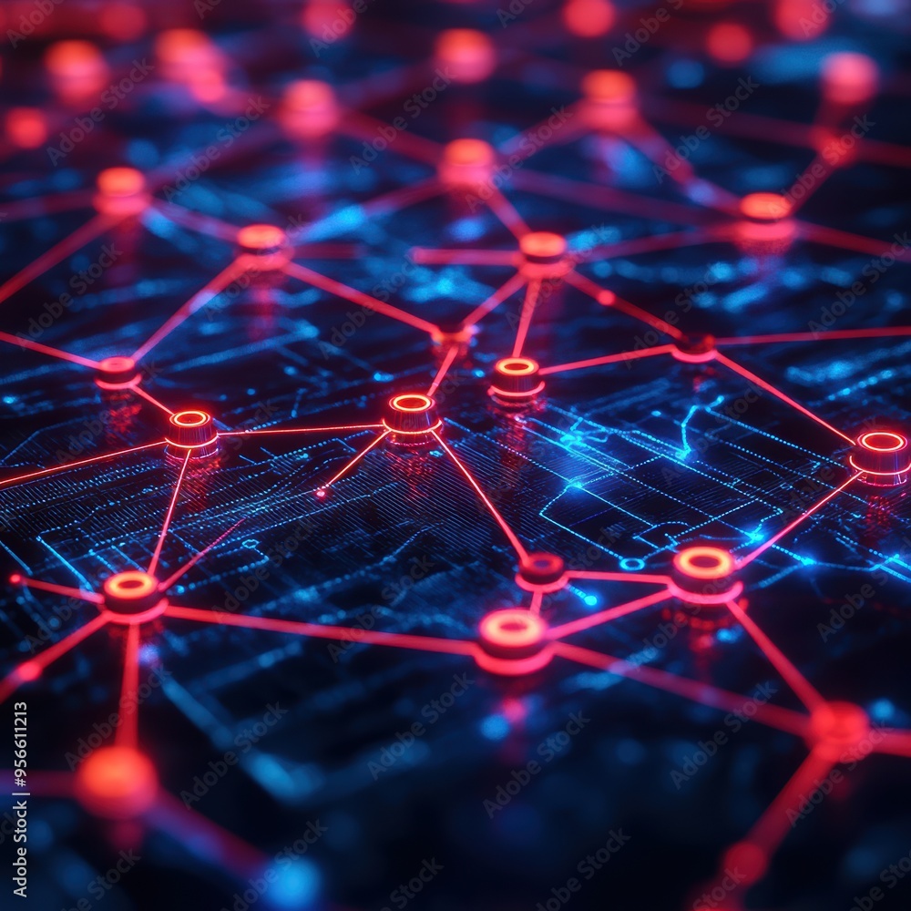 Poster a vibrant network of interconnected nodes and lines, showcasing digital communication and technology
