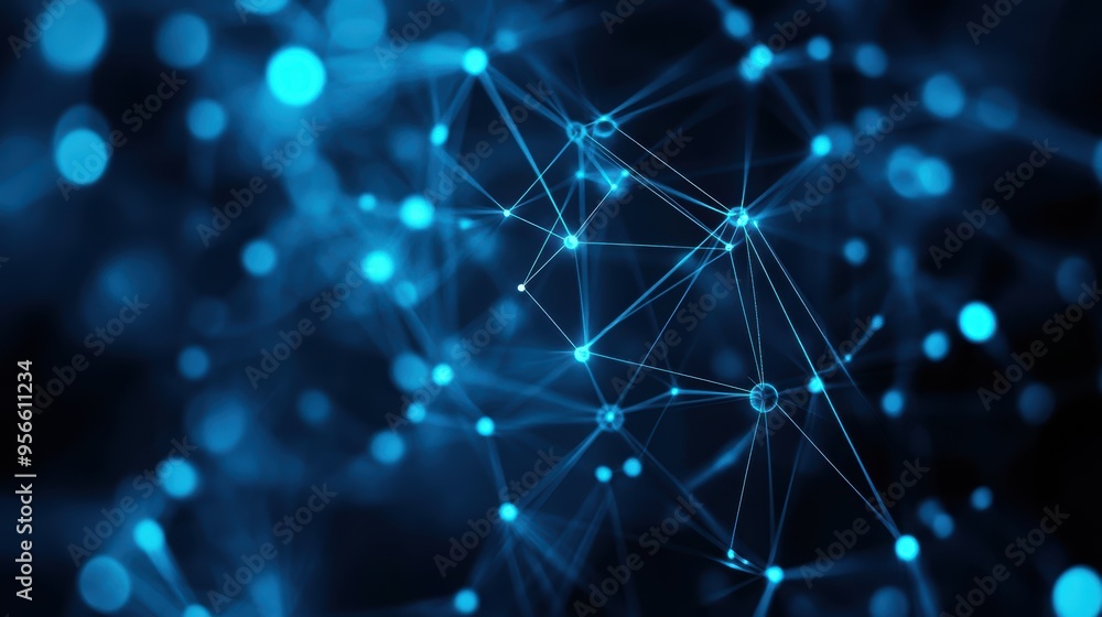 Poster abstract blue network background with glowing connections representing technology and digital commun