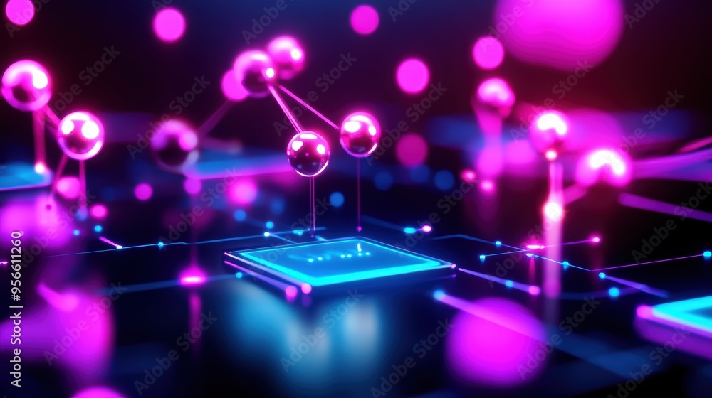 Poster abstract digital artwork depicting a futuristic network of glowing nodes and circuits in vibrant col