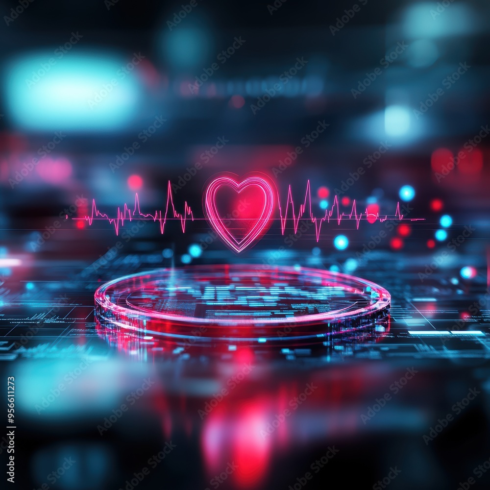Poster abstract digital heart rate visualization with glowing heart symbol and waveform. perfect for health