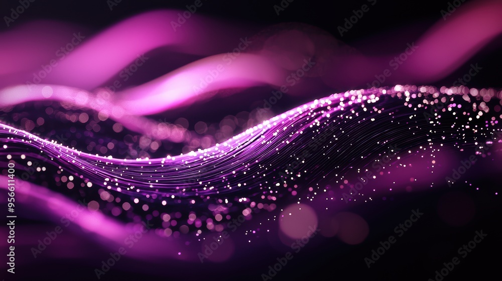 Poster an abstract wave pattern in vibrant purple tones, adorned with glimmering particles, creating a dyna