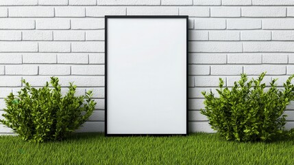 A black framed white picture is on a grassy lawn next to some bushes