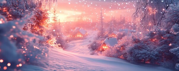 Enchanted snow village, with sparkling icicles, warm glowing lights, and snow-covered roofs, fantasy environment, 3D illustration