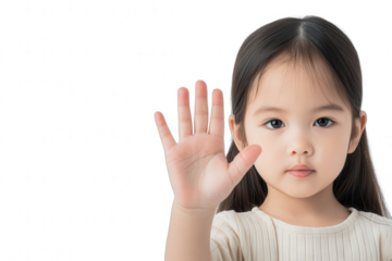 Young Asian Girl Gesturing Stop Hand Isolated on Transparent Background for Educational Multicultural Concepts