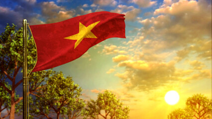 waving flag of Vietnam at sunset for independence day - abstract 3D illustration