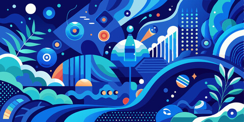 Abstract Blue and Green Shapes with Geometric Patterns