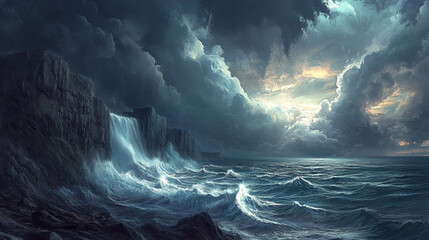 Fototapeta premium A dramatic sky filled with dark storm clouds over a restless sea, with waves crashing against rocky cliffs