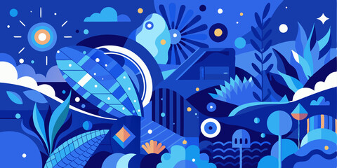 Obraz premium Abstract Blue Landscape with Geometric Shapes and Patterns