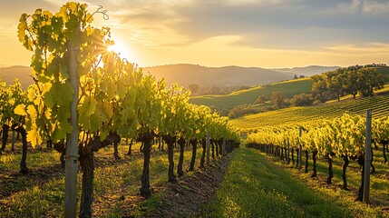 Naklejka premium Sunset over a vineyard with rows of grape vines and hills in the distance.