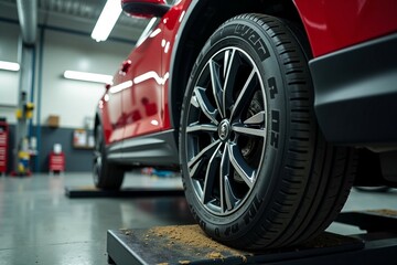 A detailed view of a tire sitting on a raised platform, ready for use or inspection