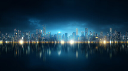 Fototapeta premium Futuristic sci-fi cityscape with glowing lights and reflections