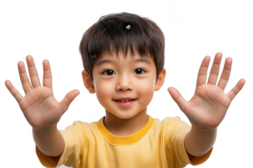Smiling Asian Boy with Hands Raised in Front Isolated on Transparent Background